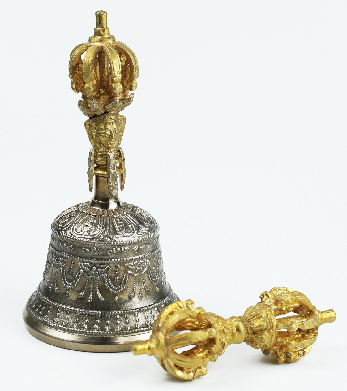 Тибетский колокол Золотой Будда (с ваджрой)